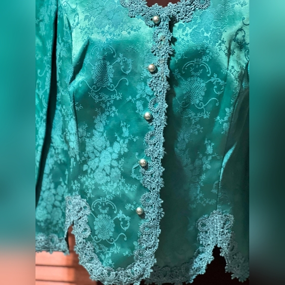 Vintage 80s Brocade Floral Embroidered Skirt Set Suit Pearl Dress Jacket Blazer - Picture 8 of 16